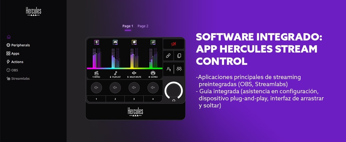 Interfaccia di controllo software con grafici colorati e testo 'Software Integrado: App Hercules Stream Control'.