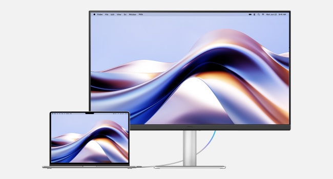 Blue curved ultrawide computer monitor with metallic stand shown in front and side view, displaying abstract wavy design.
