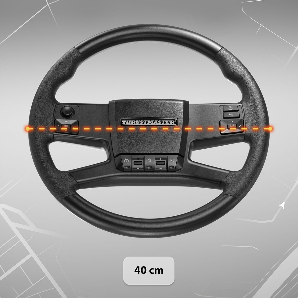 Volant noir avec clavier central et boutons de commande, l'indicateur de mesure indique un diamètre de 40 cm, design typique d'un volant automobile ou de jeu.