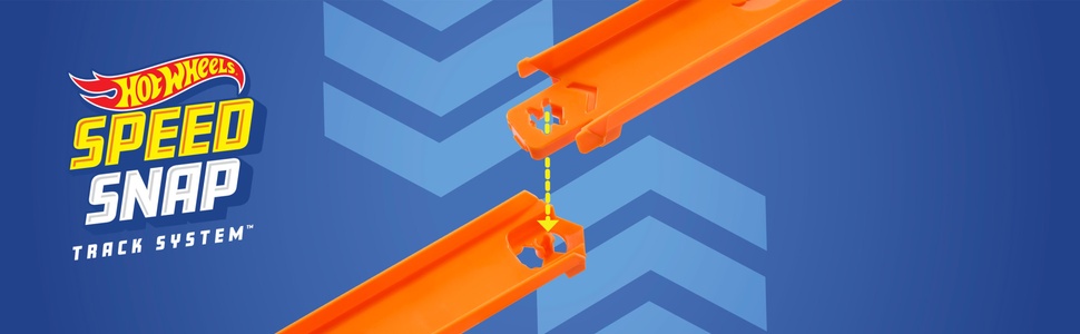 Der Text lautet „Hot Wheels“. Blaues Banner mit orangefarbenen Rennstreckenelementen, auf denen das Logo und die Designelemente von Hot Wheels zu sehen sind.