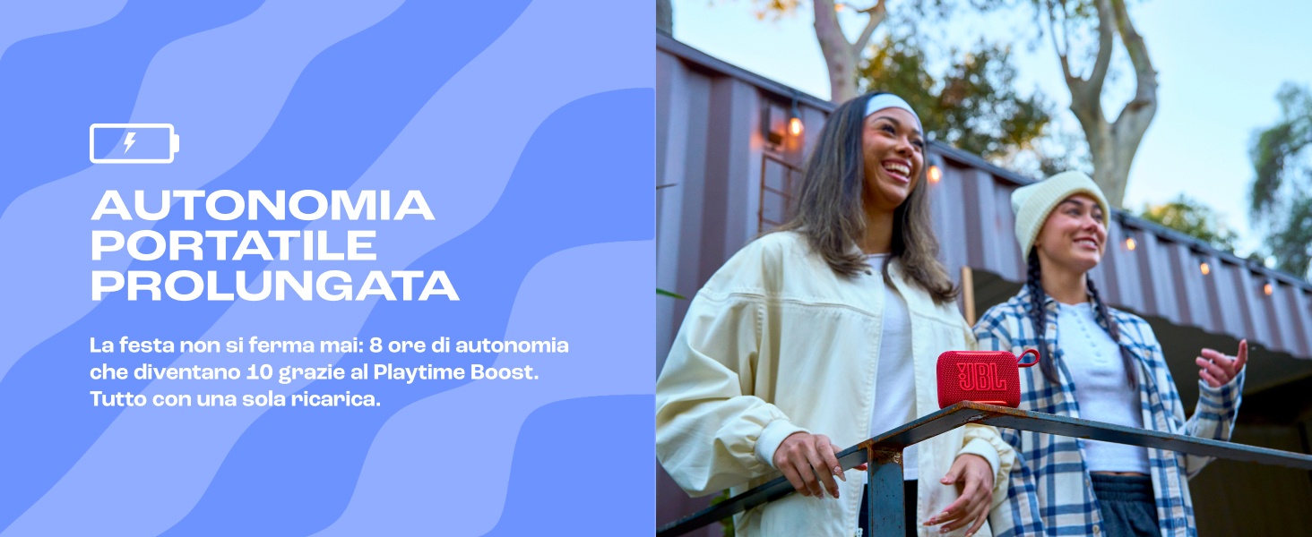 Il testo recita «AUTONOMIA PORTATILE PROLUNGATA» con testo descrittivo in italiano di seguito. L'immagine mostra due persone all'aperto con attrezzi e striscione blu sovrapposto sul lato sinistro.
